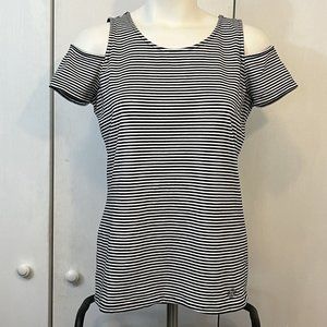 Michael Kors Designer Short Sleeve Cold Shoulder Black White Striped T Shirt Top